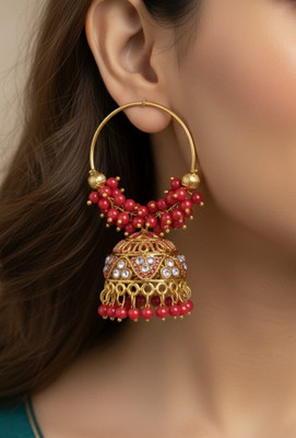 THEKAMAL HOOP RED Beads, Crystal, Diamond Alloy Hoop Earring, Plug Earring, Jhumki Earring, Earring Set