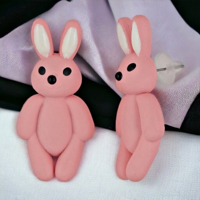 Lucky Jewellery Designer Pink Color Rabbit Teddy Bear Stud Cartoon Earrings For Girls & Women Plastic Stud Earring