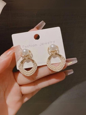 Meilicollection Golden Square Pearl Earring Crystal Alloy Stud Earring