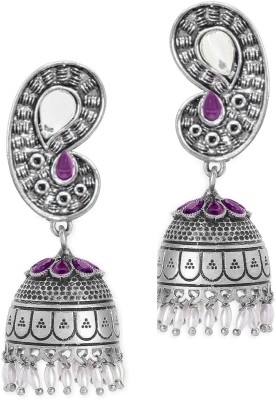 fabula Oxidised Silver Jhumka Earrings - Silver Look Alike - Mirror, Stones Beads, Crystal Alloy Jhumki Earring