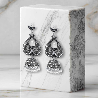 Fashion Fusion Ethnic Style Big Oxidized Silver Black Designer Alloy Jhumki Earring