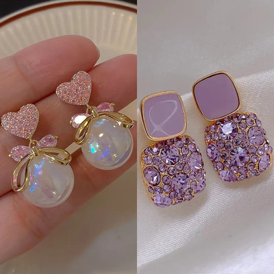 estailo fashion Estailo Fashion Pure Chain EarringPink Heart Pearl Drops Earring Pack Of 2 Cubic Zirconia Alloy Earring Set