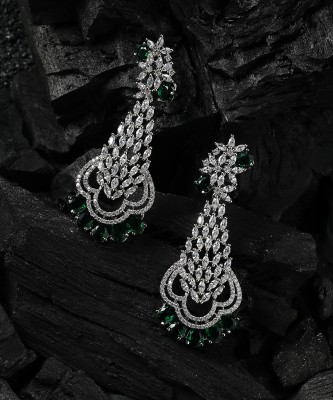 ANOUK Silver-Plated White Green American Diamond Drop Earrings Alloy Drops & Danglers