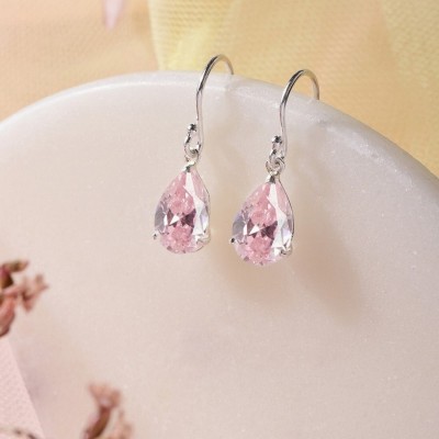 ZAVYA Tear Drop Pink CZ Rhodium Plated 925 Sterling Silver Earring Cubic Zirconia Sterling Silver Drops & Danglers