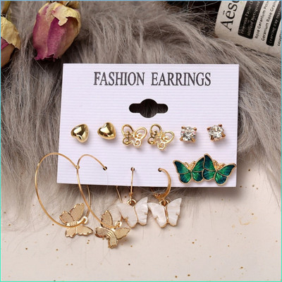 Zaphariq Combo of 6 Pair Golden Heart Stone Stud/Butterfly Hoop Earrings For Women/Girls Alloy Hoop Earring