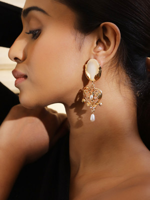 RUBANS Rubans 18K Gold-Plated Pearl Studded Vintage Filigree Dangler Earrings Pearl Brass Drops & Danglers