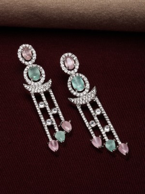 ZENEME Green & Pink American Diamond studded Crescent Shaped Drop Earrings Cubic Zirconia Brass Drops & Danglers