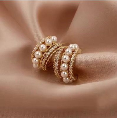 DAIVIK COLLECTION PEARL-HOOP-GLD-001 Alloy Stud Earring, Earring Set, Rhinestone Studs