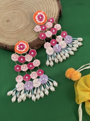 Digital Dress Room Colourful Sequence Beaded Earring Flower With Pearl Design Jewellery For Women Fabric Drops & Danglers
