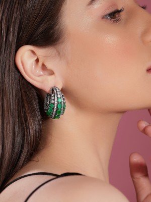 RUBANS Rubans Rhodium Plated Premium Green Zircons Studded Party wear Hoop Earrings Brass Hoop Earring