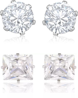 Crazy Fashion Combo of Round & Square Shaped Silver Plated Glittering White Crystal Studs 2 Pairs Cubic Zirconia Metal Stud Earring