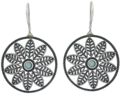 V L IMPEX Round Flower Aqau Antique Silver Oxidised Brass Hanging Earrings Brass Stud Earring