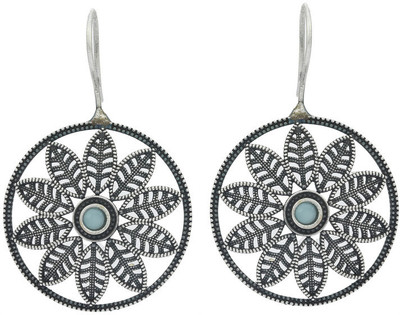 V L INTERNATIONAL Round Flower Aqau Antique Silver LookLike Brass Hanging Earrings Brass Stud Earring