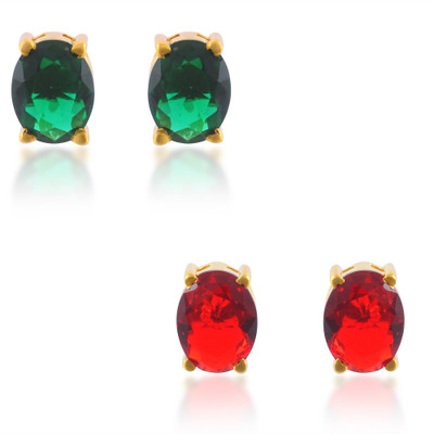 MissMister Brass Goldplated Combo of Imitation Ruby and Emerald stud earrings for Women Brass Earring Set