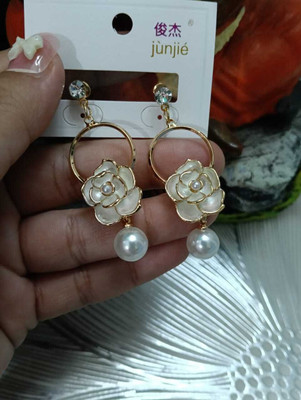 DiegoEnterprise White Rose Dangle Pearl Earring For Womens And Girls (Pack Of 1) Stainless Steel Drops & Danglers