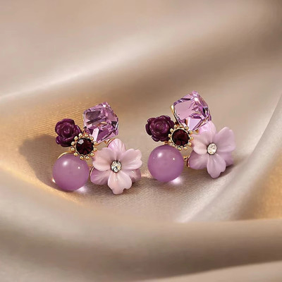 Murliwala Purple Cluster Korean Stud Earings Crystal, Pearl Alloy Stud Earring