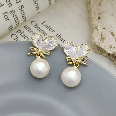 aaravfashion Beautiful Tiny Crystal Heart with Pearl Drop Korean Earrings Crystal Alloy Drops & Danglers
