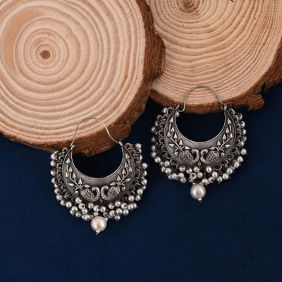 Tanusha Jewels Oxidised Chandbali with Pearl Beaded Drop & Dangle earrings Pearl Brass Chandbali Earring