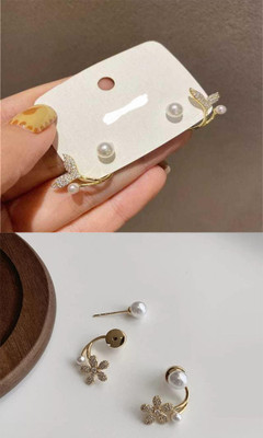 GloAww Fish Tail Pearl || Flower Pearl Designer Korean Earring For Girl's & Women Alloy Stud Earring