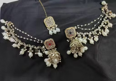 Bhati Enterprises Elegant Kundan and Pearl Gold-Plated Maang Tikka for Bridal & Festive Wear Alloy Chandbali Earring