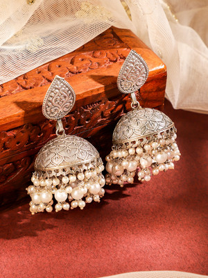 RUBANS Oxidised Silver-Plated Dome Shaped Jhumka with White Pearl Beads Brass Jhumki Earring