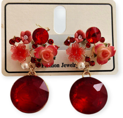 LOVIA BY HM RED CRYSTAL EARRINGS FOR WOMEN, STONE EARRINGS, EARINGS FOR GIRLS Cubic Zirconia Alloy Earring Set, Chandbali Earring, Drops & Danglers