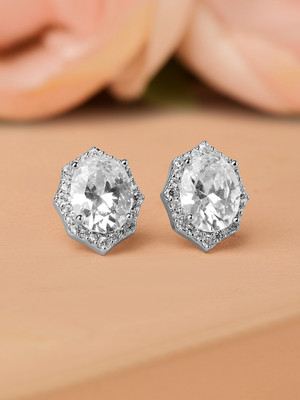 RUBANS Rubans Rhodium-Plated Geometric Oval Cubic Zirconia Studded Stud Earrings Cubic Zirconia Brass Stud Earring