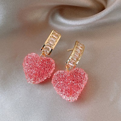 Vembley Studded Heart Korean Pink Drop Earrings For Women And Girls Metal Drops & Danglers