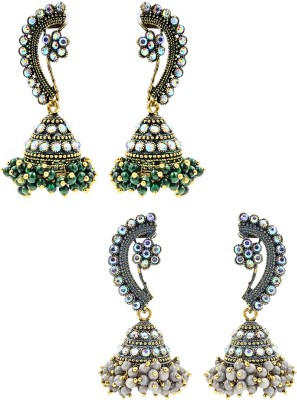 Pink Stone by Valentina Pack of 2 Ear Cuff Styled Jhumki | Green & Grey Drop Earrings with Beads Cubic Zirconia Alloy Jhumki Earring