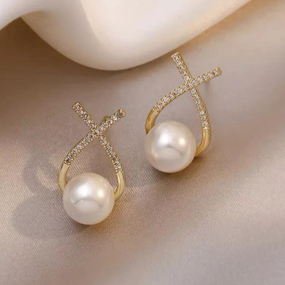 AVIRA ENTERPRISES Korean Studded Cross Pearl Stud Earrings For Women And Girls 2 Pcs/Set Alloy Stud Earring