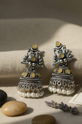 Ethnica Silver Jhumkas with Yellow Stones and Pearls Metal Drops & Danglers