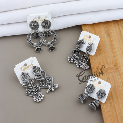 Gimiss Silver Earring Combo– Traditional Jhumka, Dangler & Geometric Statement Set of 4 Alloy Stud Earring, Earring Set, Jhumki Earring, Hoop Earring