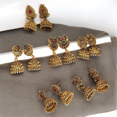 house of common Antique Temple Jhumki combo set of 6 traditional gold plated alloy minimal Pearl, Beads Alloy Chandbali Earring, Drops & Danglers, Earring Set, Jhumki Earring