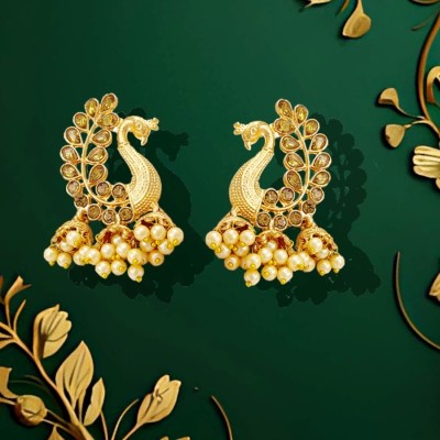 SAIIZEN Traditional Gold Pearl Peacock Kundan Jhumkas Diamond, Pearl Alloy Jhumki Earring