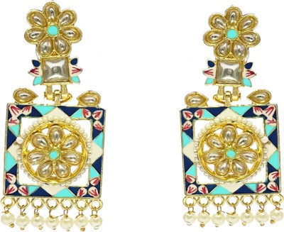 MK Jewellers Meenakari Kundan Rectangle Flower Shape Earrings Pearl Brass Drops & Danglers