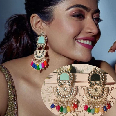 Ashir Atelier Multicolour Chandbali Earrings, Kundan Style, Pearl Beaded Finish Earring Alloy Chandbali Earring
