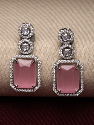 ZENEME Silver Tone Pink & White American Diamond studded Geometric Shaped Drop Earrings Cubic Zirconia Brass Drops & Danglers