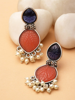 Karatcart Silver Tone Drop Shape Blue & Peach Carved Stone Studded Drop Earrings for Women Alloy Drops & Danglers