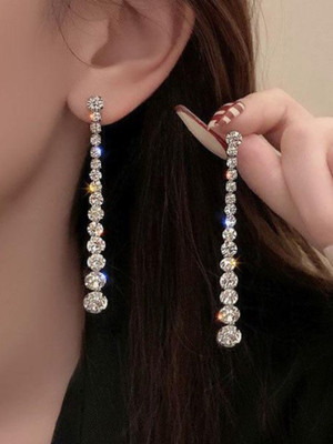 BLINGEE Long Crystal Dimond Korean For Women Trendy Western Fashion Crystal, Cubic Zirconia, Diamond Alloy Earring Set, Drops & Danglers, Tassel Earring