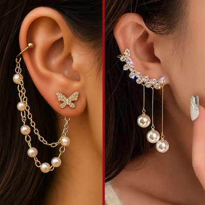 gemistry Combo Earing | Pearl Earrings Trendy | Party & Casual Jewelry for Women & Girls Cubic Zirconia Alloy Cuff Earring, Drops & Danglers