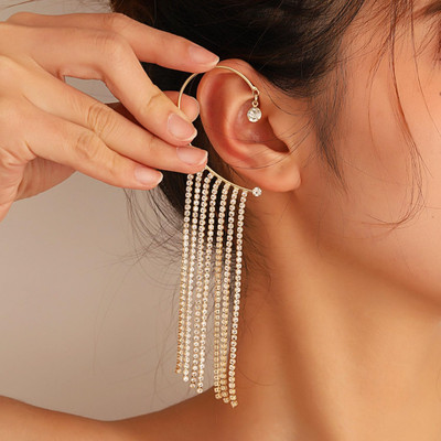 Vembley Korean Golden Studded Chain Tassels Ear Cuff Earrings For Women/Girls Cubic Zirconia Alloy Cuff Earring