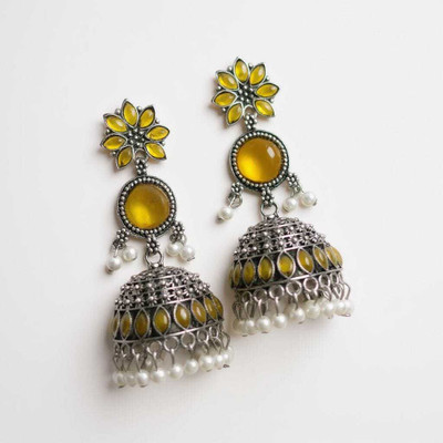 Devik Traders Traditional Oxidised Peacock Jhumka Earrings with Pearl Beads Amber Alloy Jhumki Earring