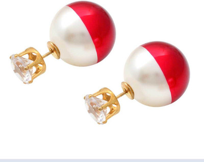 Dzinetrendz Red and White Dual tone, CZ stud one side, Peek a boo Earring studs Cubic Zirconia Brass Stud Earring Cubic Zirconia Brass Stud Earring