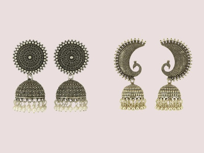 VMFASHION Peacoack Jhumka and Classic Oxidised Silver Pearl Jhumka White Zircon Alloy Jhumki Earring