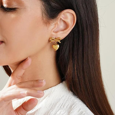 Fashion Paradise Golden Heart Bow Shape anti tarnish earring set Brass Drops & Danglers