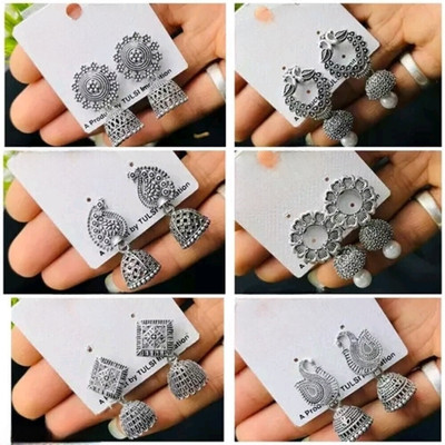 Lady Raiment Oxidised Silver 6 Pair Combo Beads Alloy Drops & Danglers, Jhumki Earring, Stud Earring