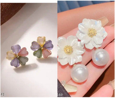 RISHASTYLE Shine white and multi colour earrings pack of Two Zircon Alloy Stud Earring, Drops & Danglers