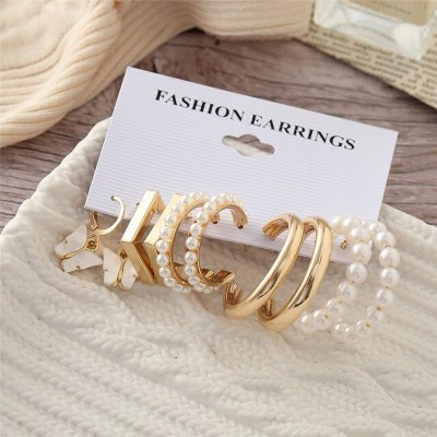 DESTINY JEWEL'S New Trendy Style Vintage Gold-Tones Contemporary Pearl Décor Hoops Earrings Set Pearl Alloy Hoop Earring