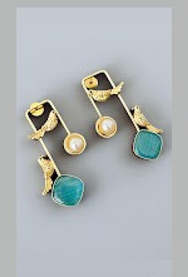 ramya jewels Golden Colour Fusion Earrings with Turquoise Color Stone, Geometric Design Brass Drops & Danglers