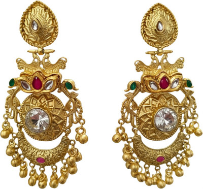 ARIRAdesigns statement jhumkas with white stone and golden ghungroos Metal Earring Set